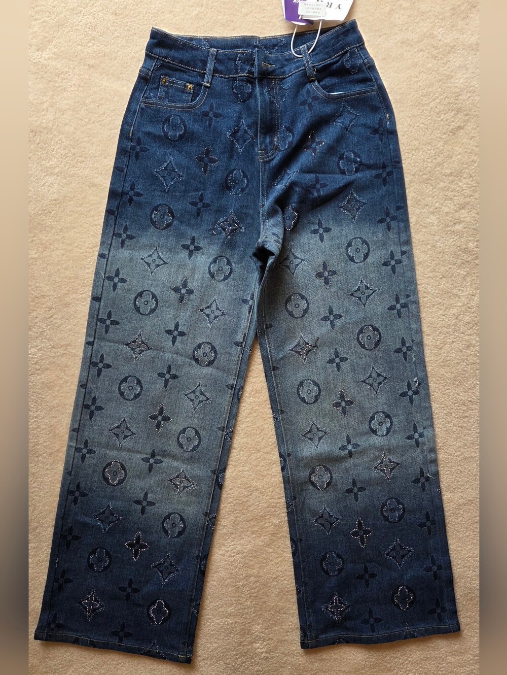 Womens Monogram Jeans With Rhinestones